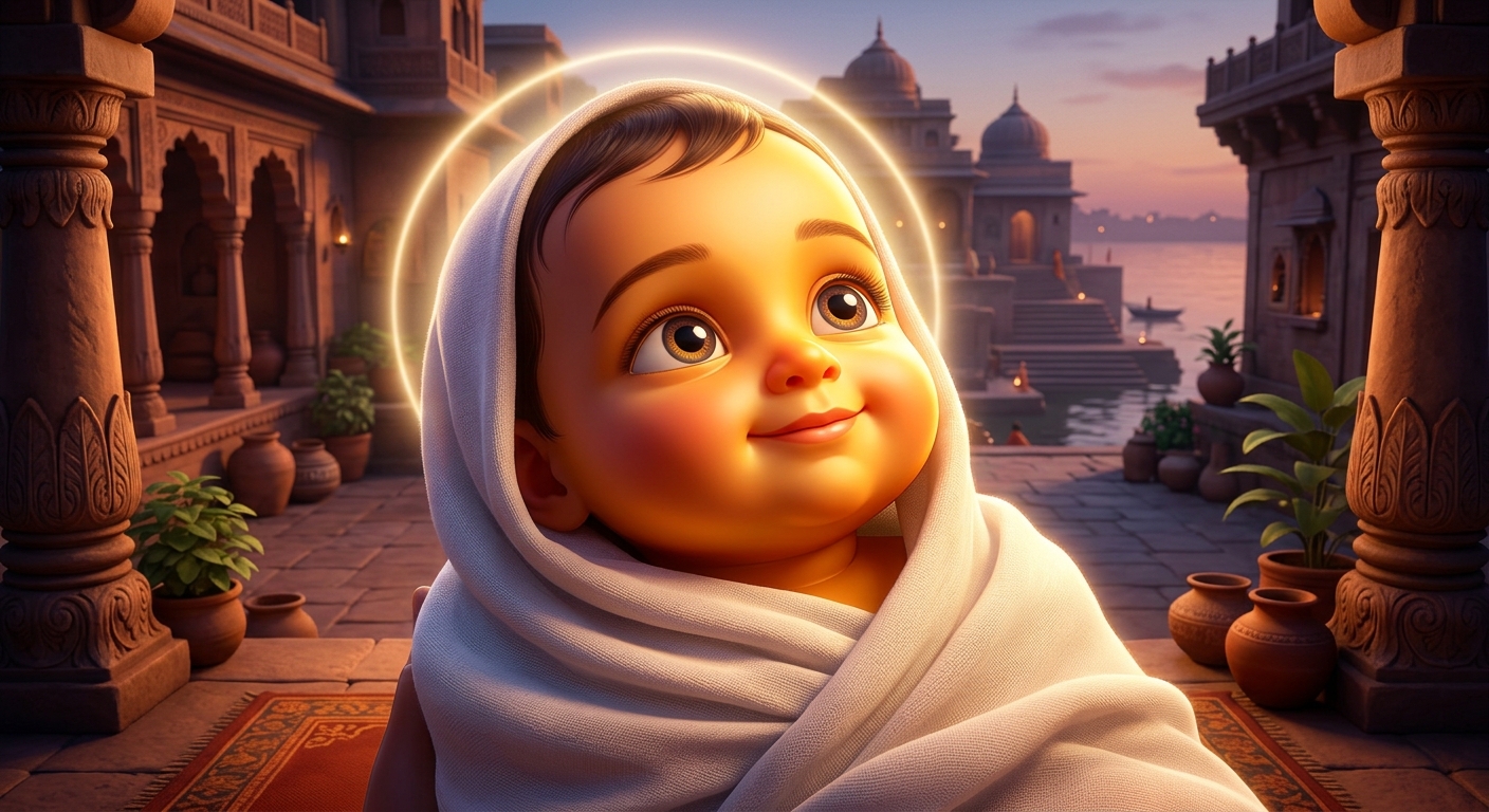 Close-up of Infant Kabir declaring his uncreated divine origin from Satlok