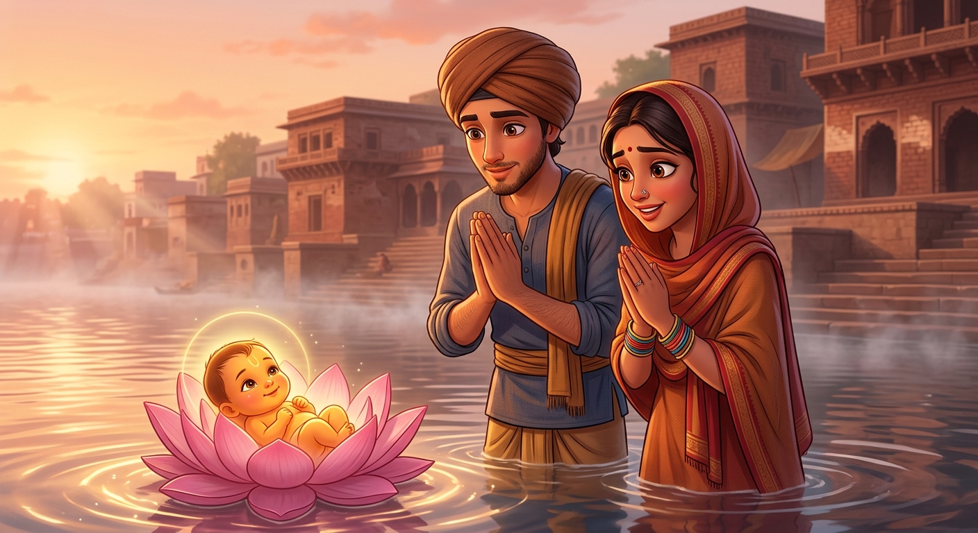 Young Neeru and Neema listening with folded hands as Infant Kabir tells them to take him with them