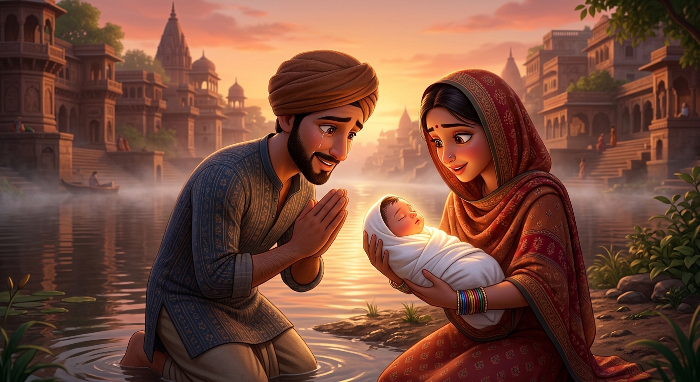 Young Neeru bowing in devotion while young bride Neema gently lifts the tiny newborn wrapped in white khadi