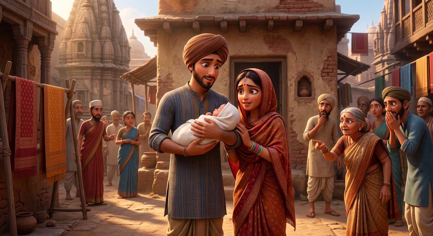 Crowds of neighbors and weavers gathering outside Neeru's mud hut, pointing fingers and mocking the newlywed couple