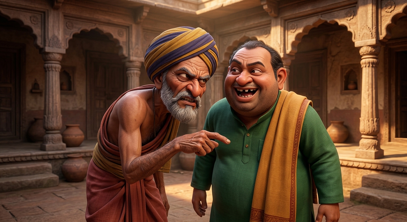 A sneering neighbor elder mocking Neeru in the courtyard