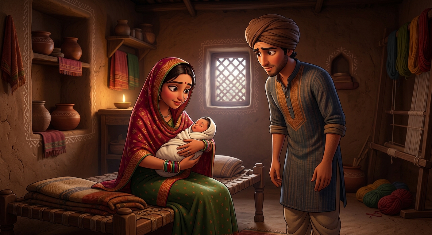 Young Neema holding the newborn baby in the hut with Neeru standing beside her wondering what the infant will drink