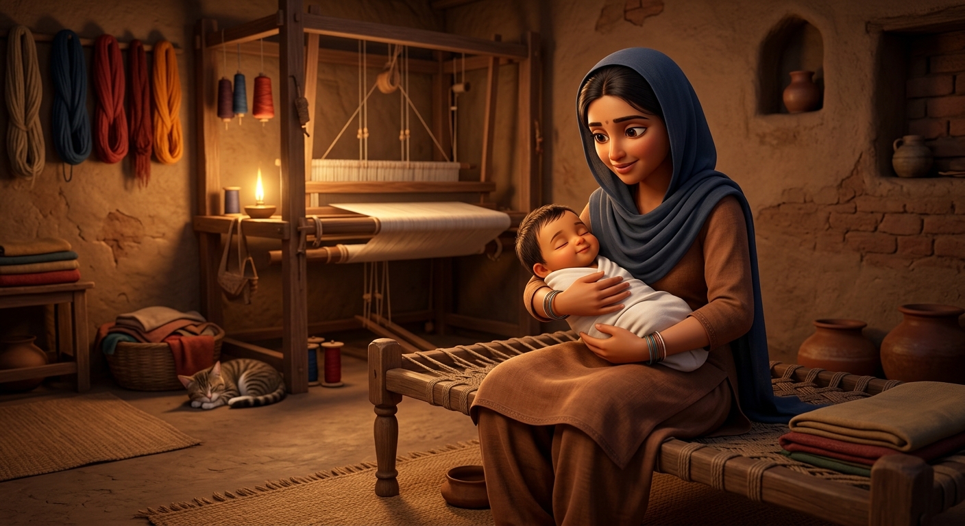 Young bride Neema sitting beside the wooden cot where Infant Kabir rests in white swaddling