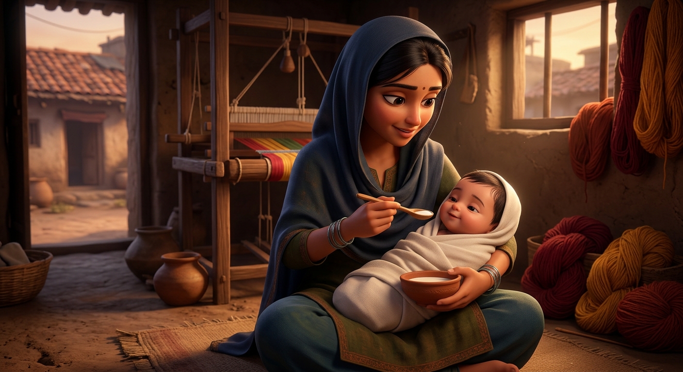 Neema tenderly bringing an earthen bowl of fresh cow milk to Infant Kabir