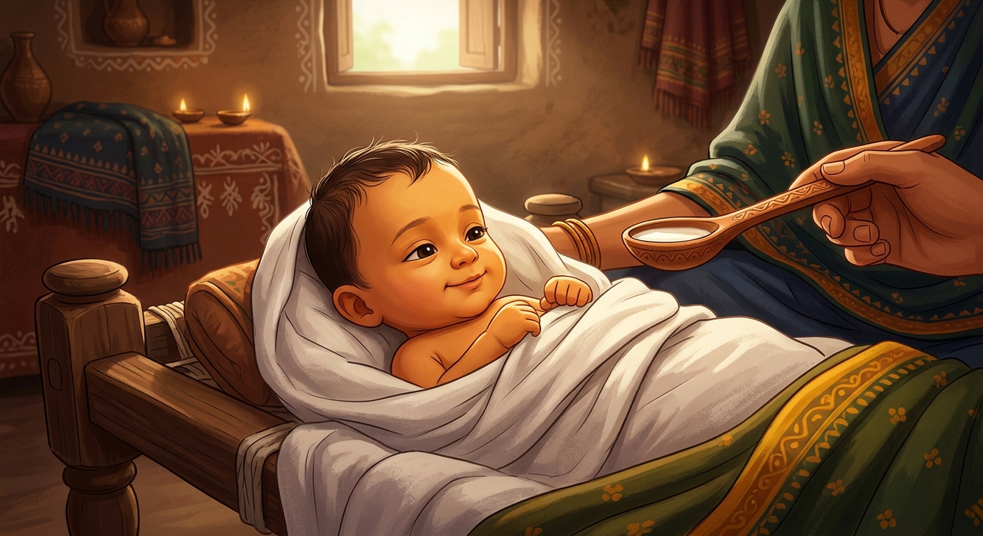 Infant Kabir keeping lips sealed and serenely turning his head away