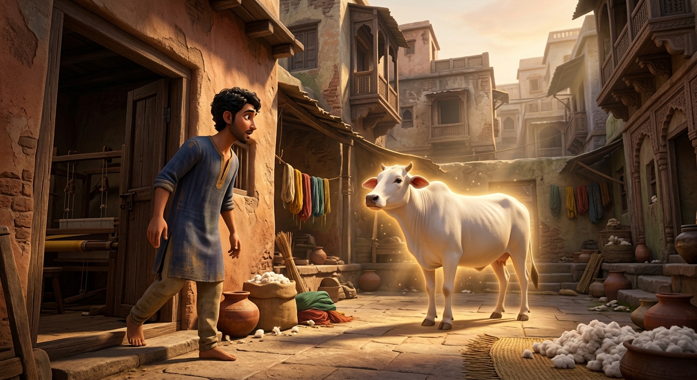 The glowing white cow standing serenely with gentle compassionate eyes