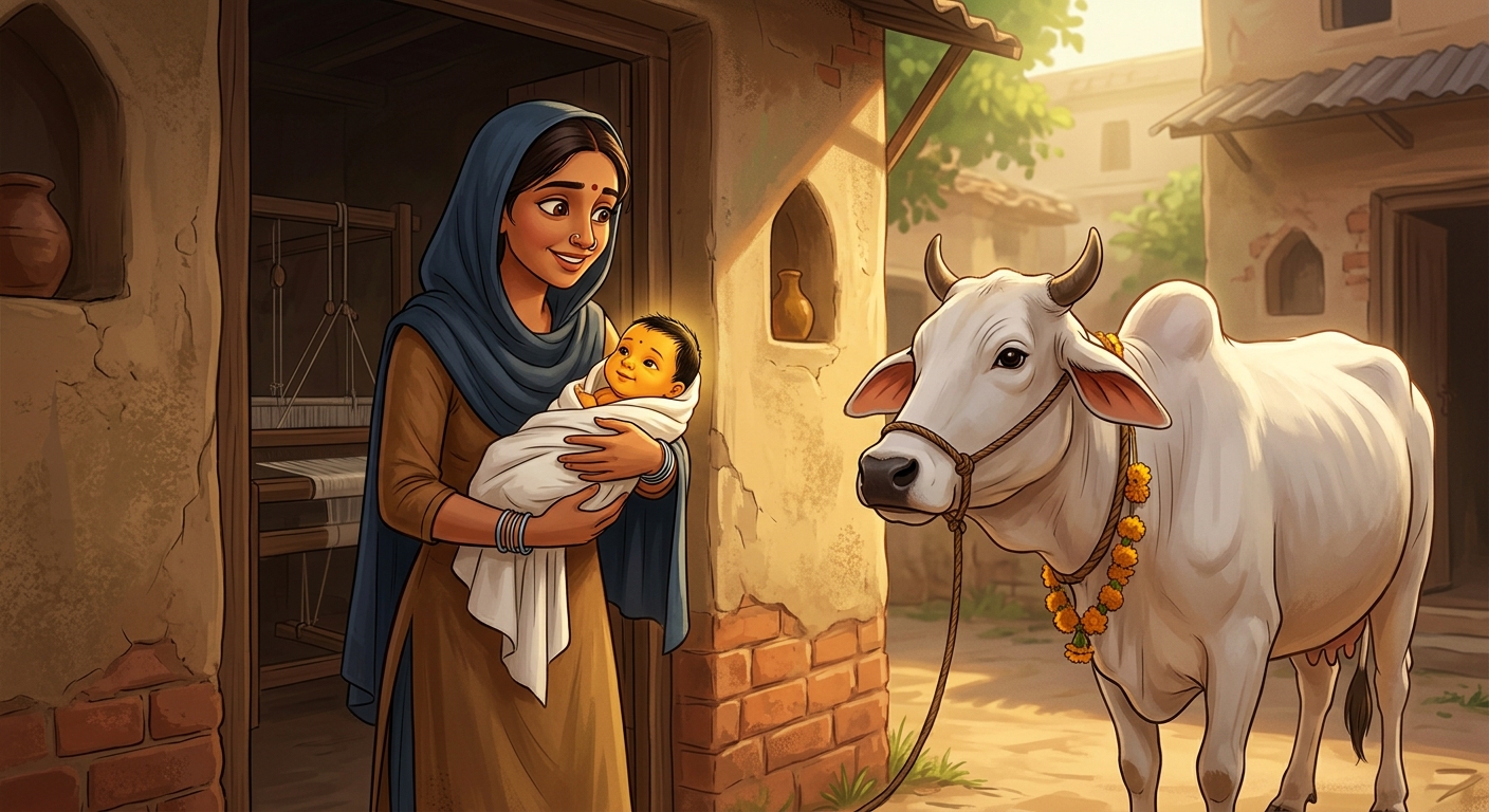 Young Neeru stepping into the courtyard holding an empty earthen pot in awe