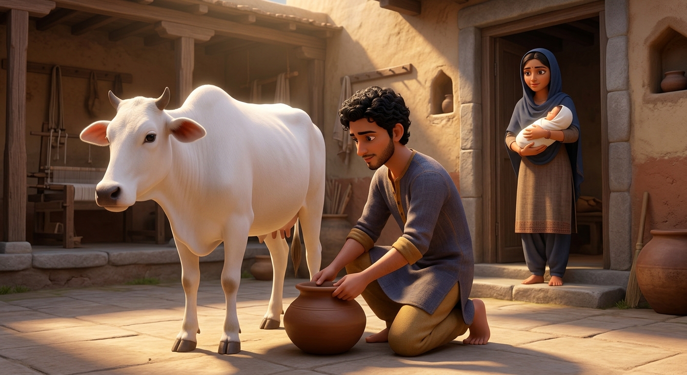 Neeru carefully placing the clean empty earthen pot on the ground directly below the cow's udder