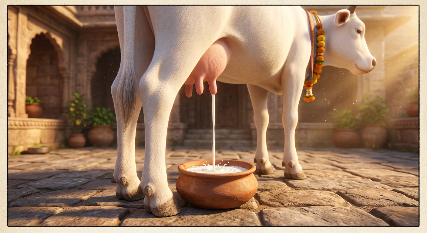Streams of pure divine white nectar flowing spontaneously from the cow's udder straight down into the earthen pot