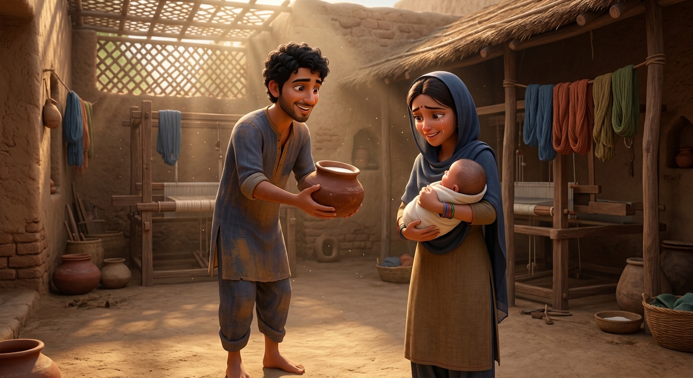 The earthen pot filled to the brim with glowing white celestial nectar as Neeru lifts it