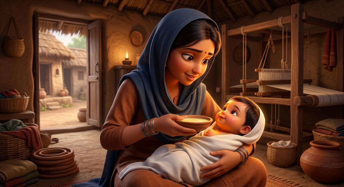 Young Neema bringing a bowl of the celestial nectar to Infant Kabir in the hut