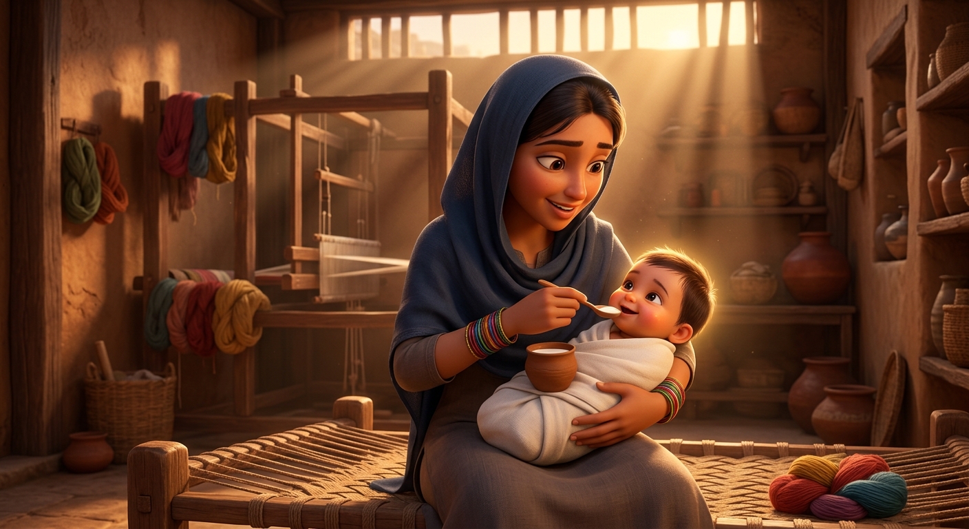 Infant Kabir happily drinking the divine nectar with pure contentment and a radiant smile