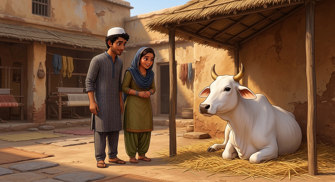 The gentle white celestial cow resting peacefully in a thatched shelter in Neeru's courtyard as her permanent home