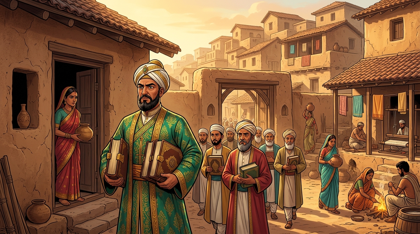 Chief Qazi of Kashi arriving on a palanquin with junior clerics in the weaver quarter
