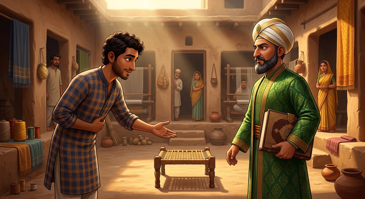 Neeru welcoming the Chief Qazi with folded hands in the courtyard