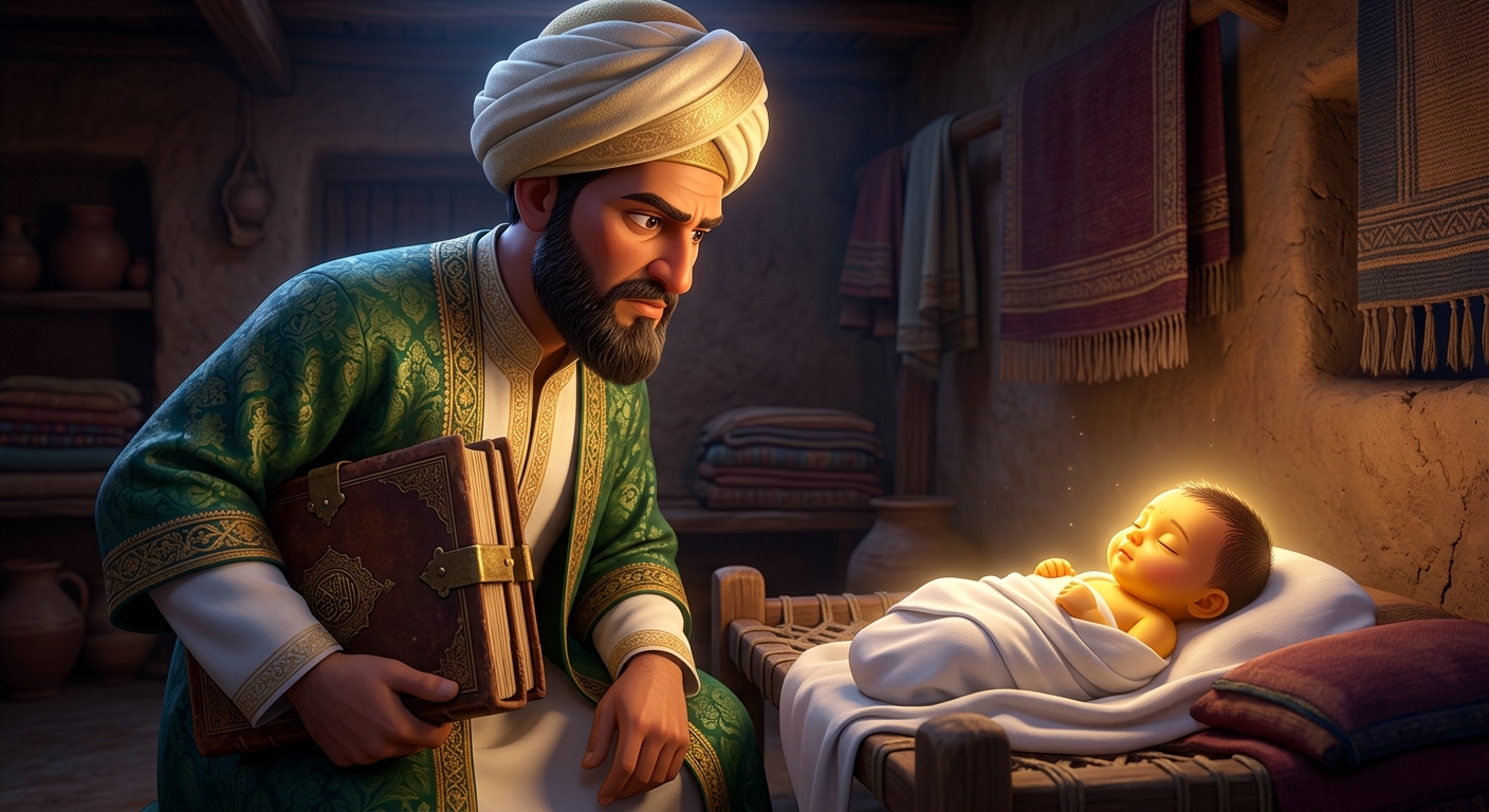 The Qazi placing the heavy Quran on the carved book stand