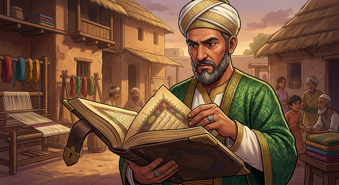The Qazi slowly opening the parchment page, his index finger tracing the verses