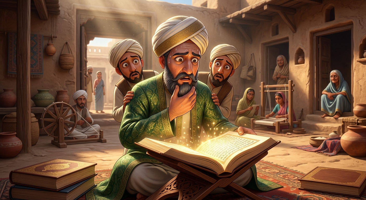 Macro close-up on open manuscripts showing every verse displaying KABIR, AKBAR, KIBRIYA
