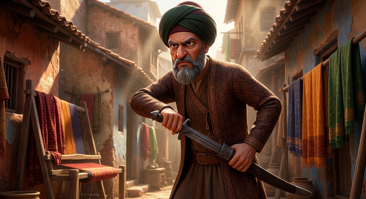 The Chief Qazi pointing an accusing finger toward the cot where baby Kabir rests