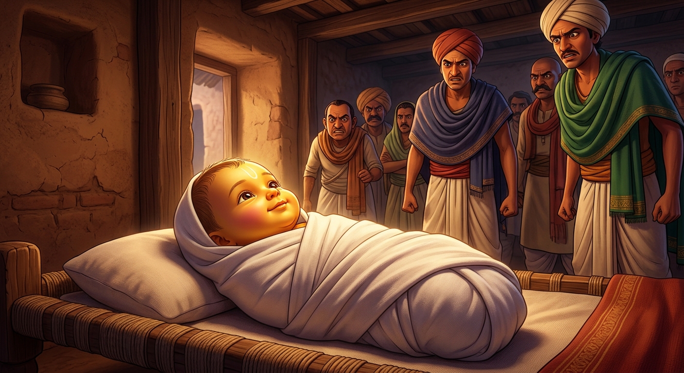 Young Neema and Neeru shielding the baby cot in fear and devotion