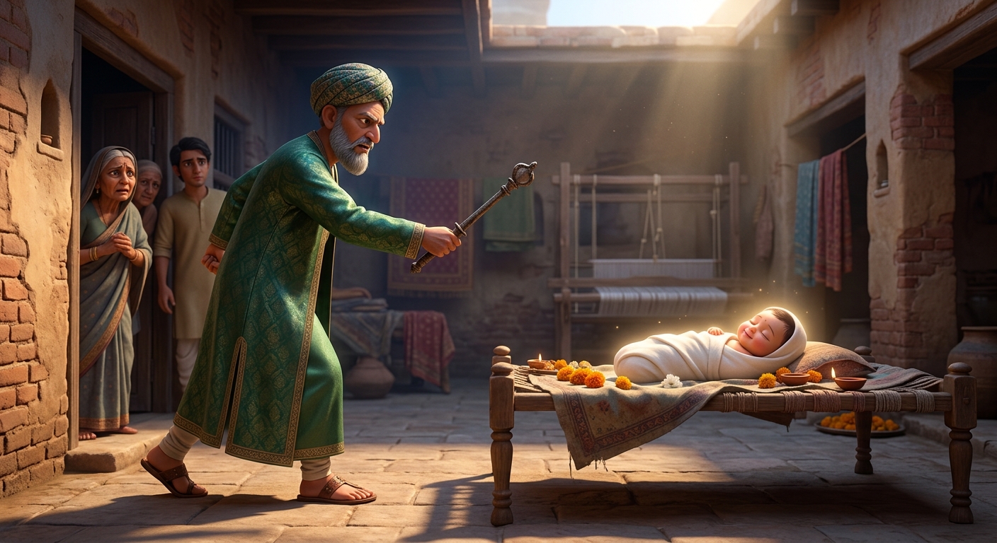 A sharp iron ceremonial blade raised forward in the courtyard to test the infant