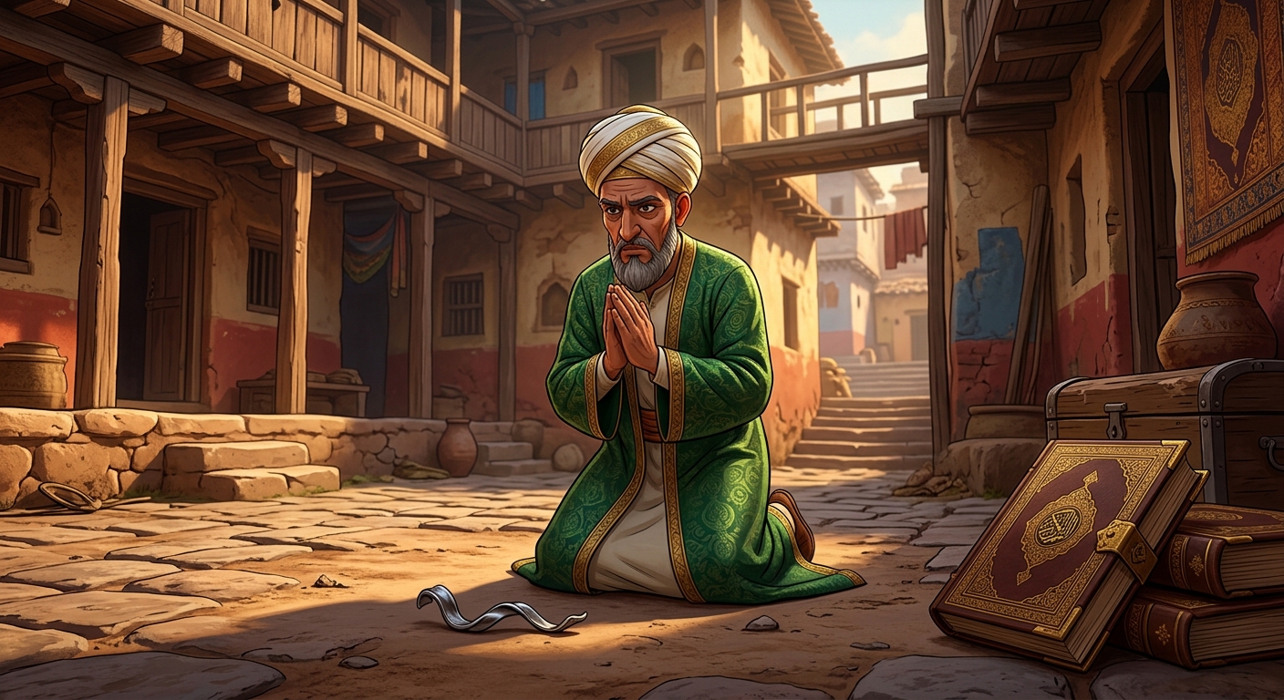 Chief Qazi dropping the twisted melted metal and falling prostrate onto the earthen floor