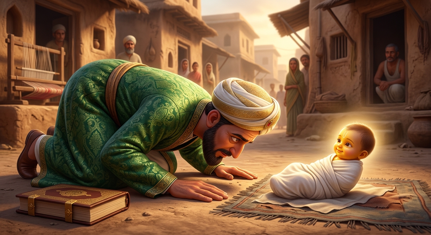 Humbled Qazi kneeling with folded hands before the infant