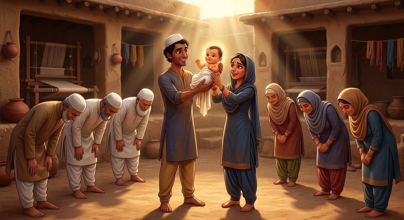 Young Neeru and Neema holding baby Kabir high in the courtyard as the assembled crowd bows in deep reverence