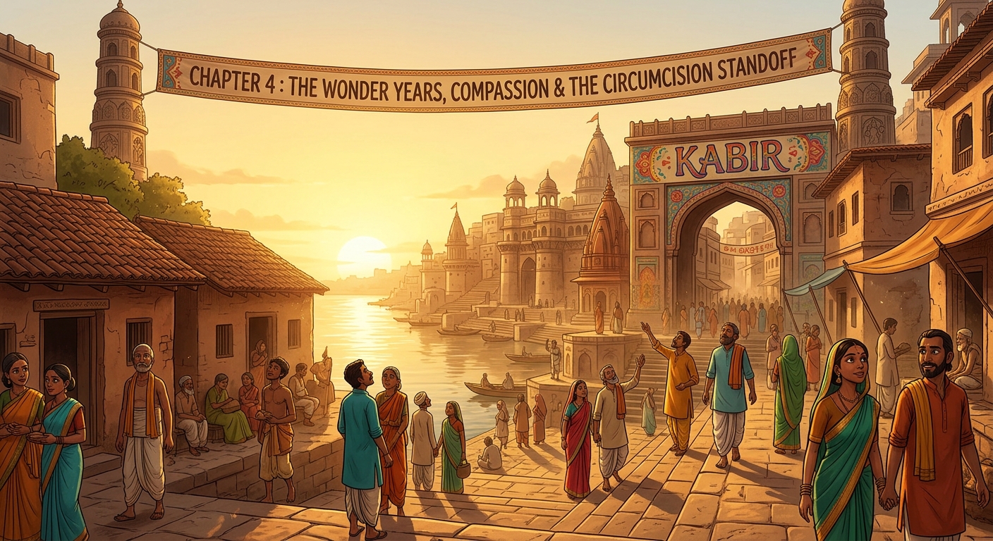 Golden sun rising over Varanasi spires as Baby Kabir looks out with infinite compassion