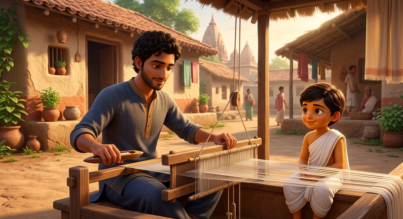 Father Neeru weaving at his pit loom as child Kabir sits happily beside him in white cotton
