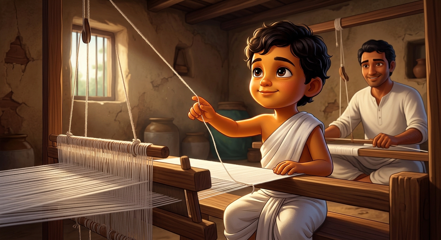 Child Kabir touching the white cotton warp threads with a serene smile