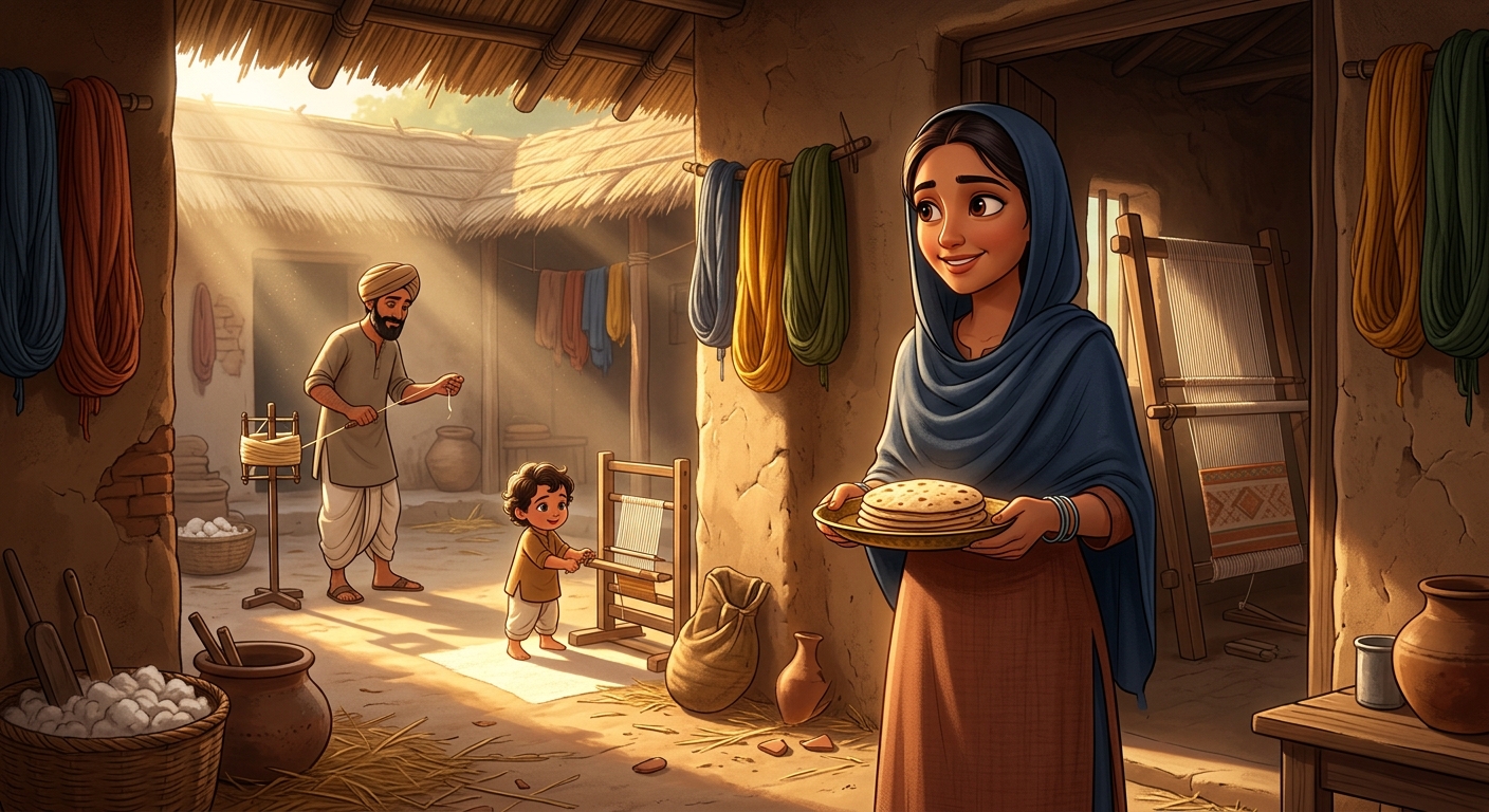 Mother Neema in modest Julaha dress watching her family with maternal joy
