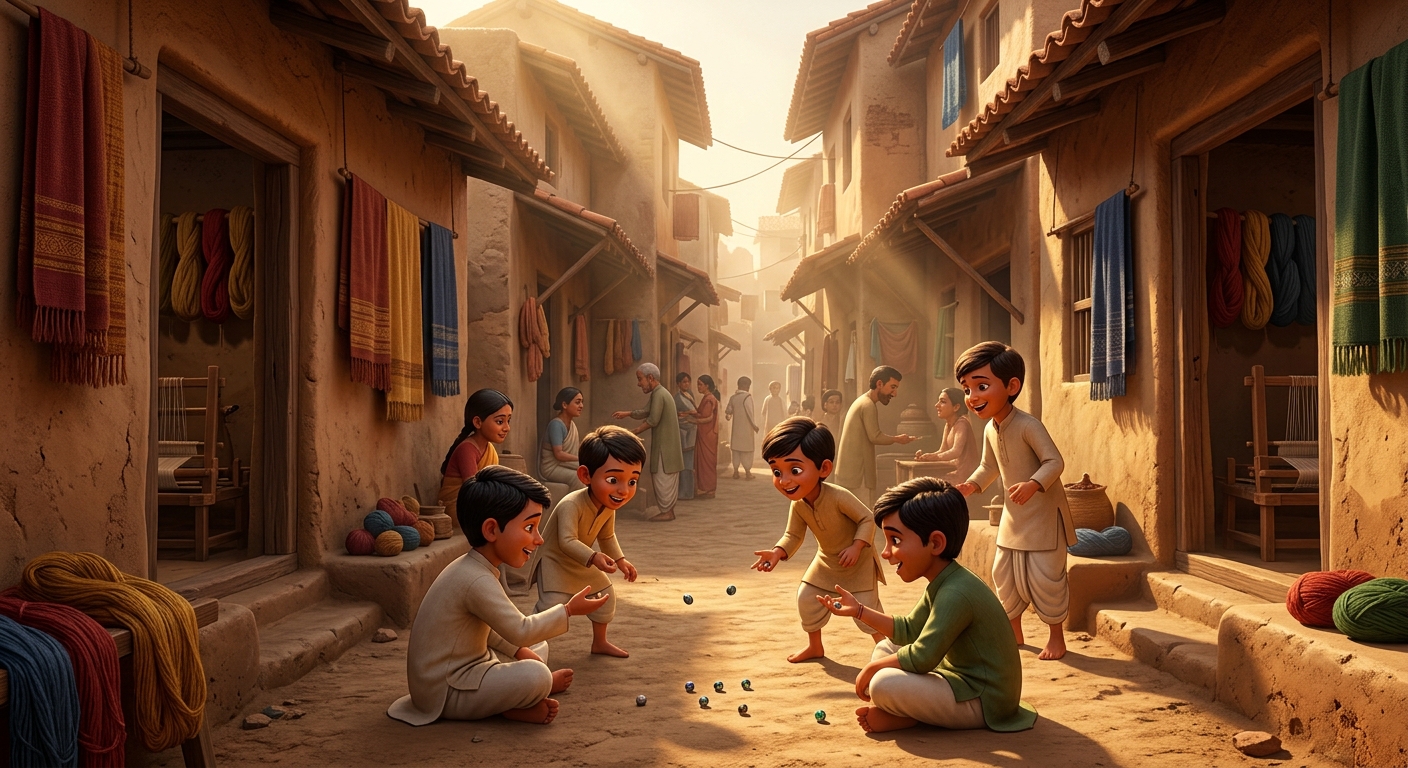 Local weaver children playing in the dusty alleyways of Kashi