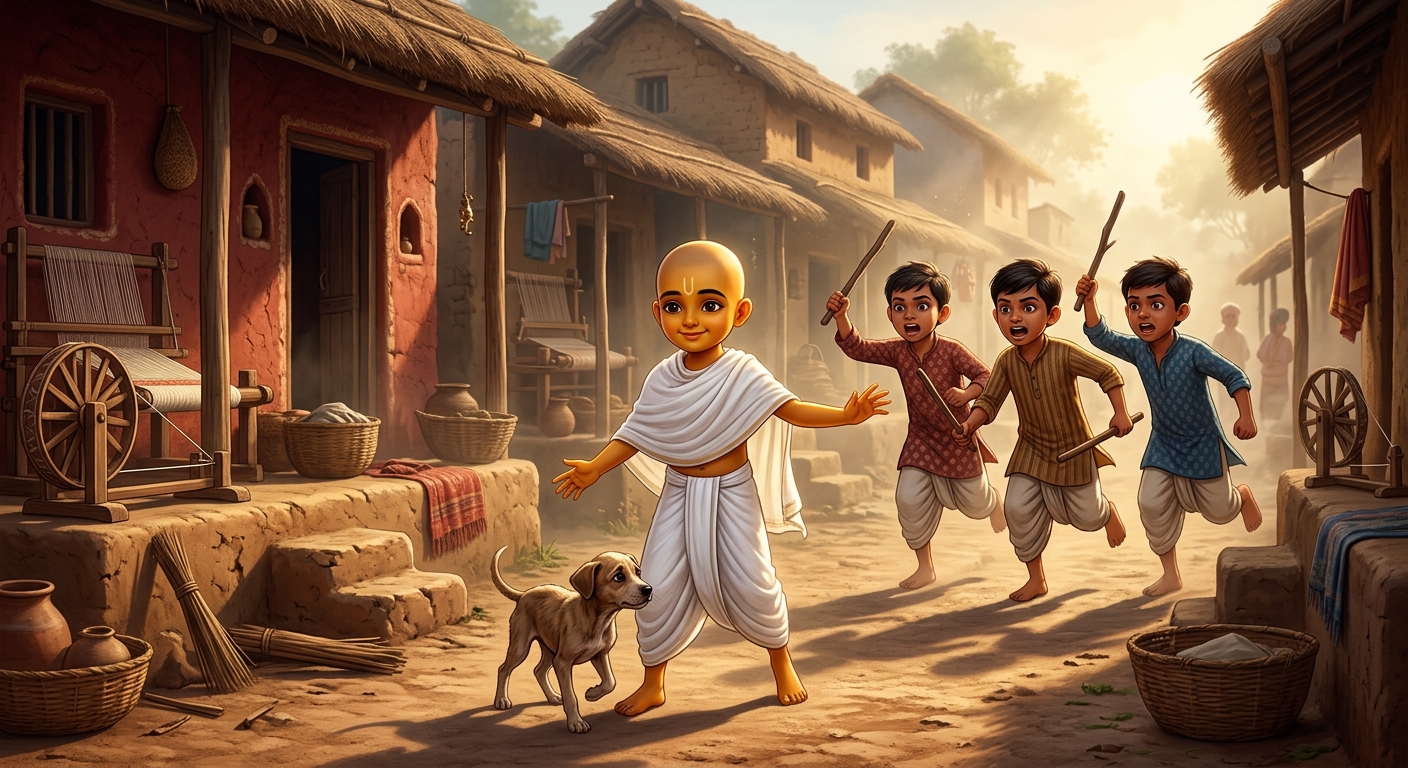 A hungry stray puppy approaching as child Kabir steps forward to shield it