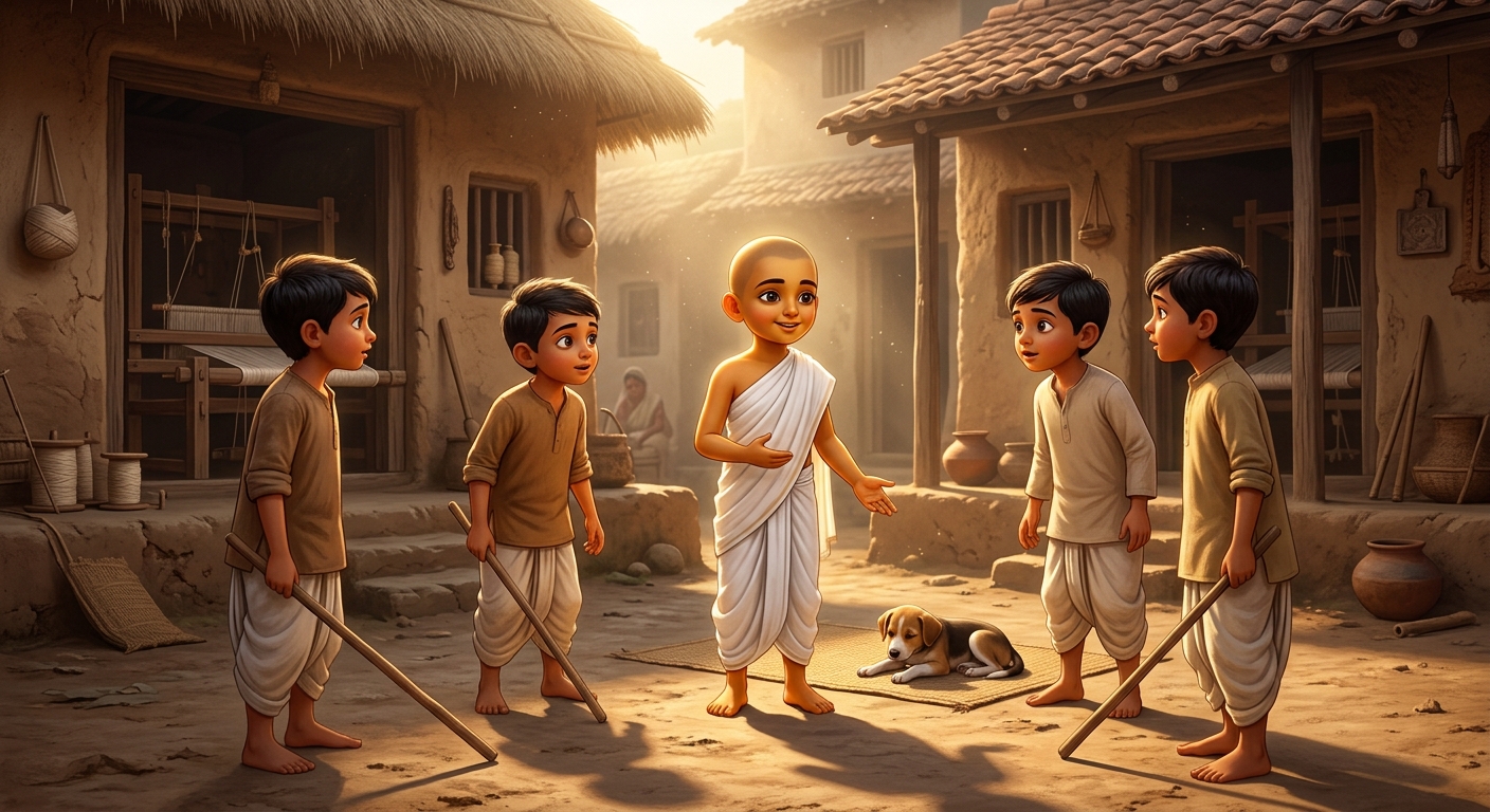 The playmates lowering their sticks as Kabir speaks words of kindness