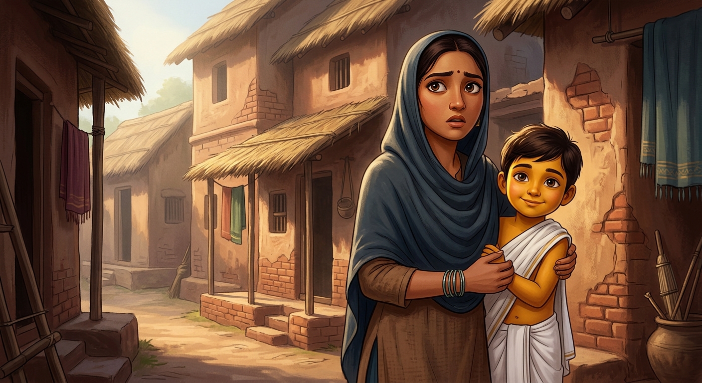 Mother Neema holding child Kabir protectively behind her in anxiety
