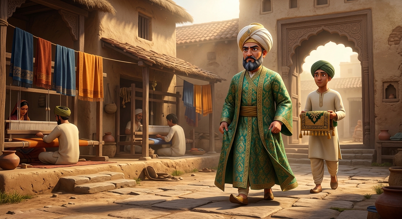 Chief Qazi entering the courtyard accompanied by an attendant with ritual tools