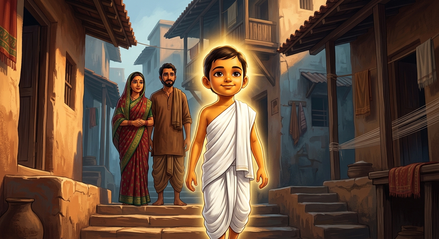 Child Kabir stepping forward fearlessly in pure white cotton robes