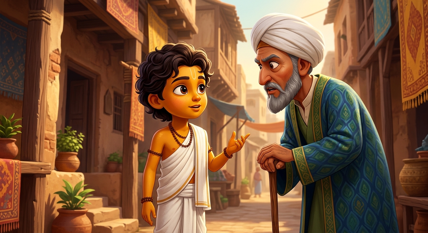 Close-up of child Kabir looking calmly into the Qazi's eyes