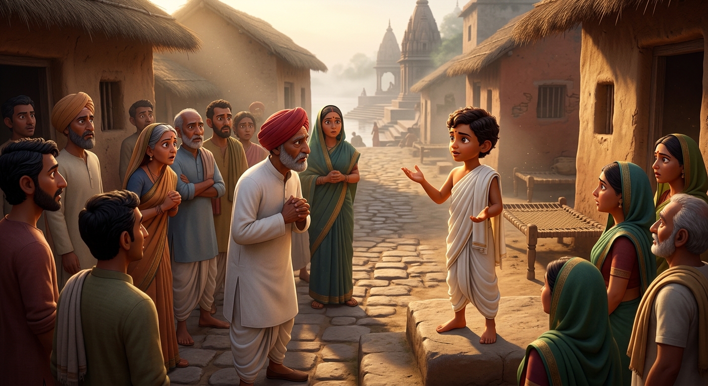 Child Kabir challenging the gathering with the immortal sakhi on gender and outer ritual