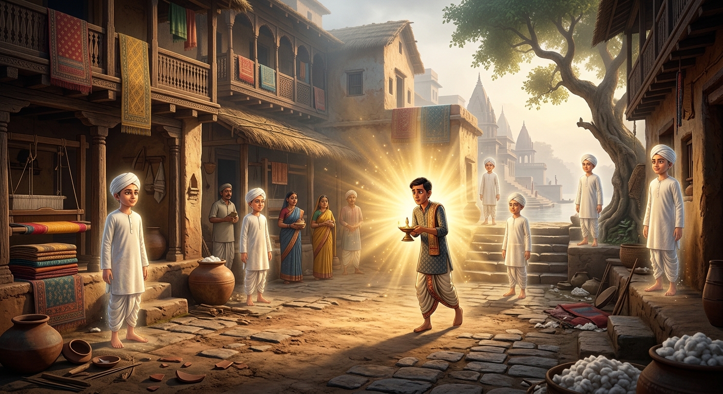 Multiple spiritual reflections of child Kabir appearing in the sunlit courtyard