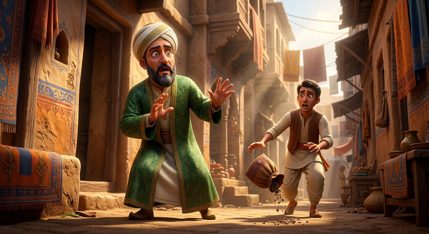 The attendant dropping the tool pouch in awe as the Qazi raises trembling hands