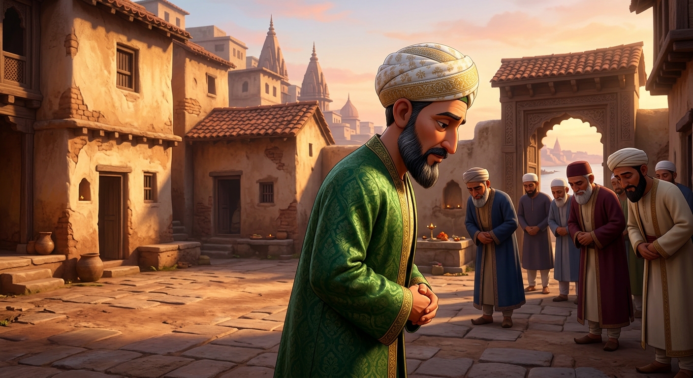 The Qazi and elders bowing and quietly exiting the courtyard