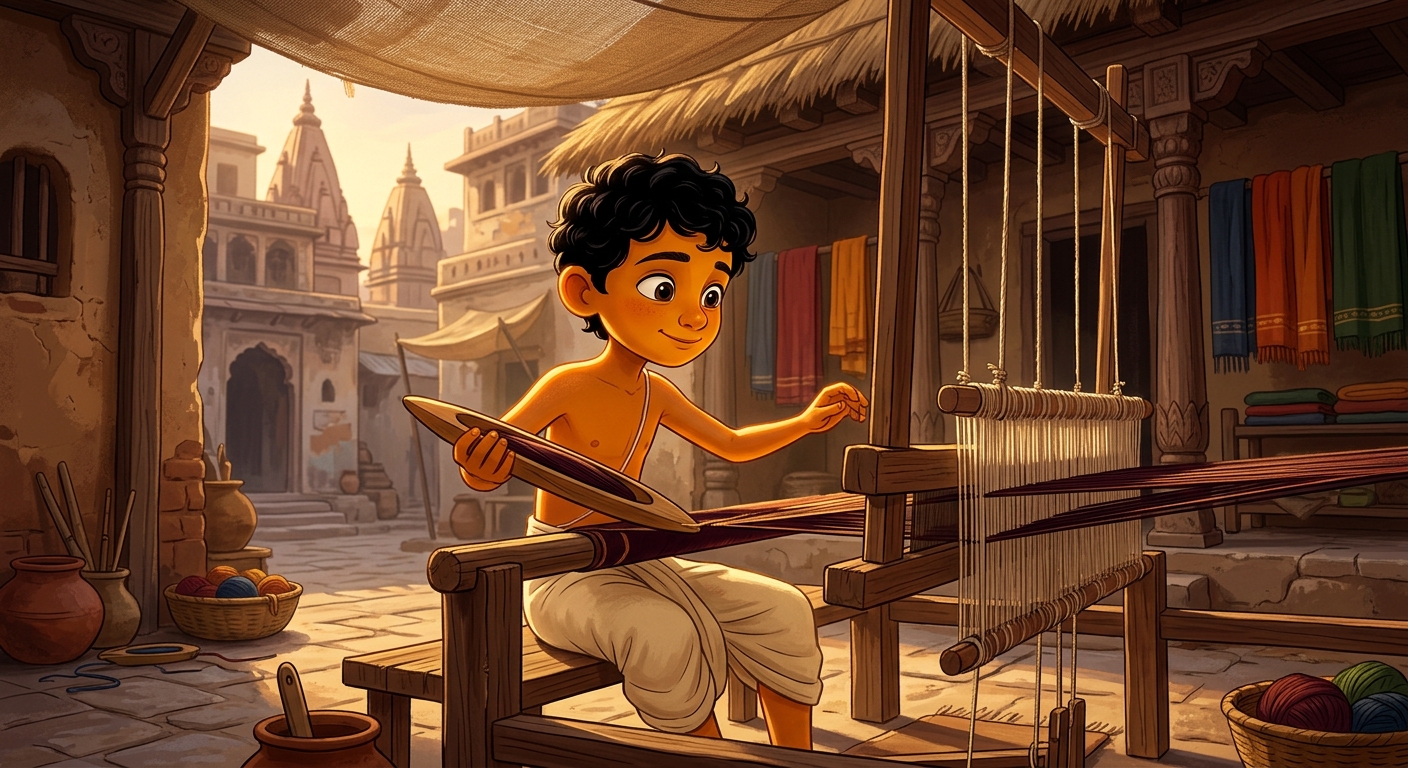 8yo Kabir weaving at the large wooden handloom in the sunlit courtyard