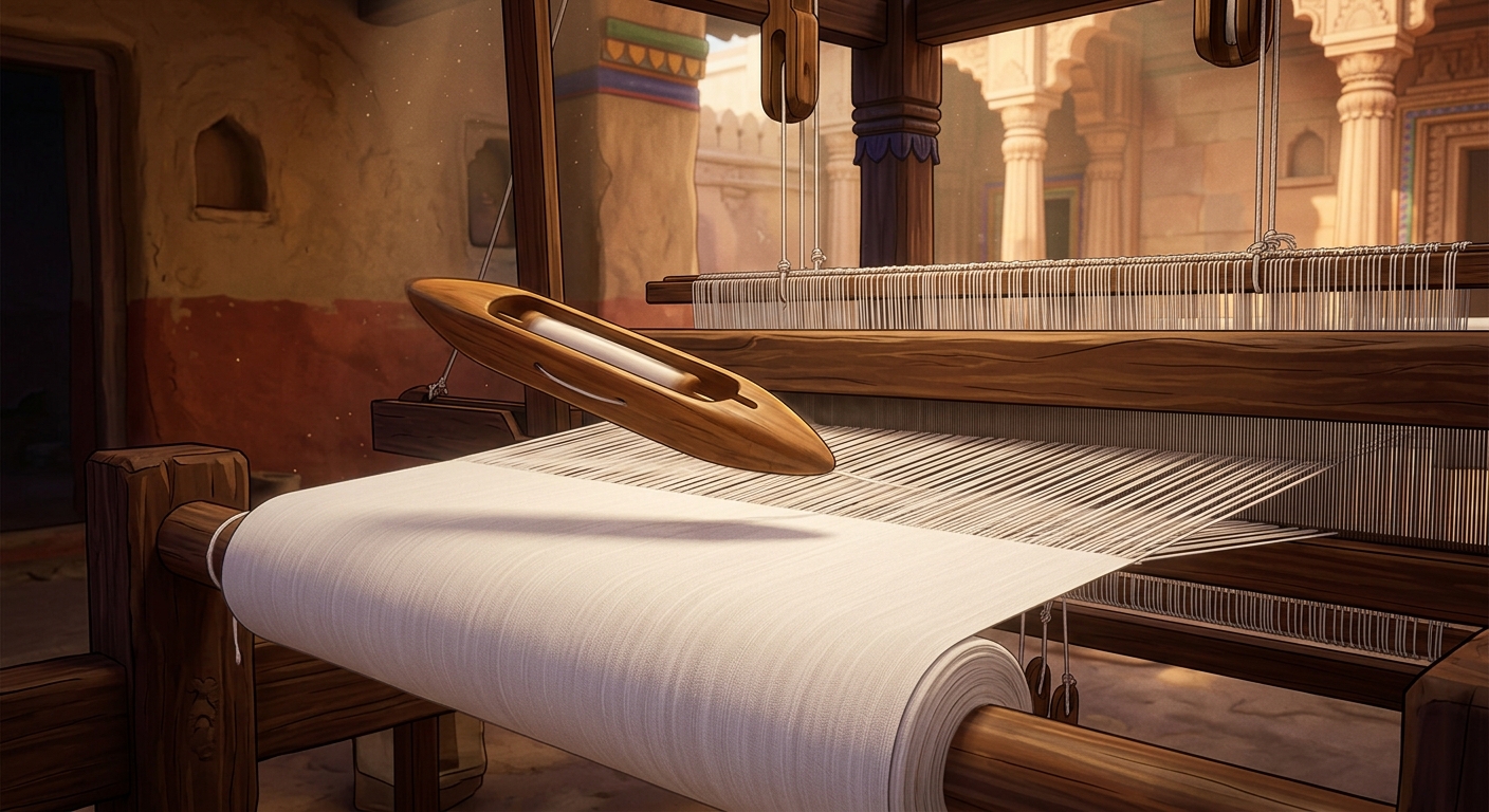 Close-up of flying shuttle and pure white warp and weft threads aligning