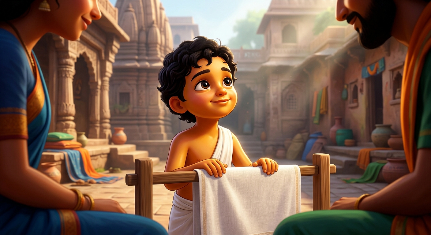 8yo Kabir looking up at his parents with a radiant smile
