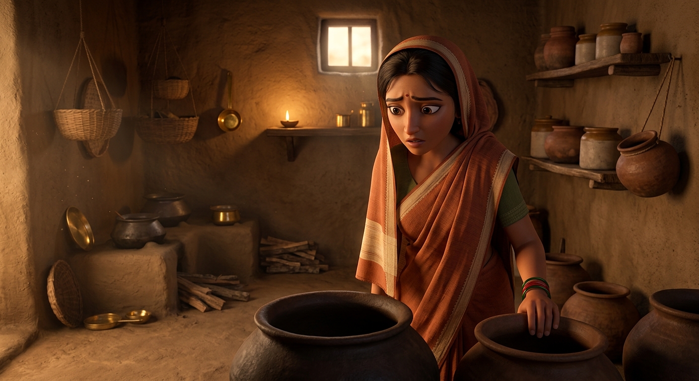 Neema looking into empty earthen grain pots in the kitchen
