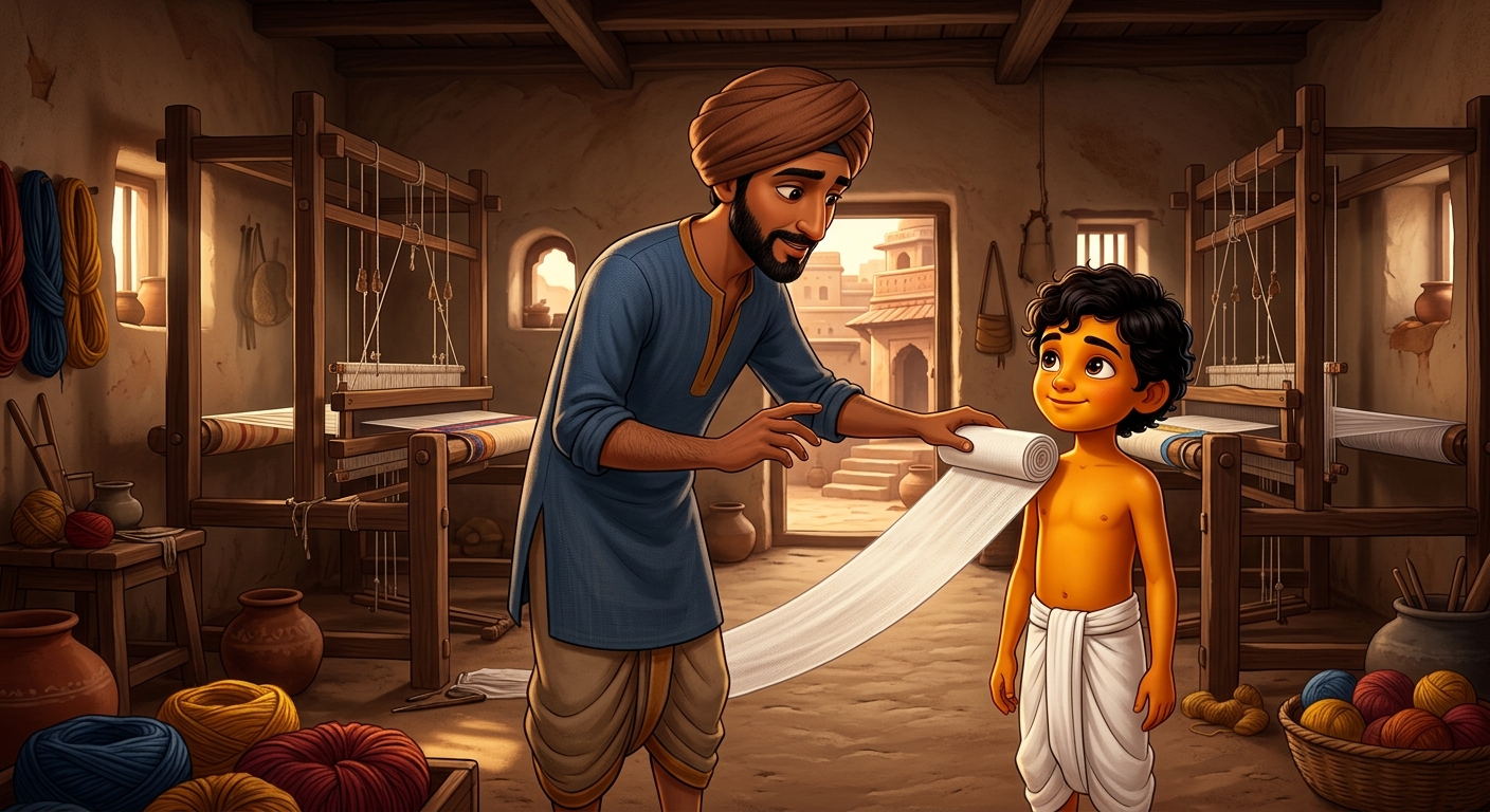 Neeru rolling up the white cloth roll and placing it on Kabir's shoulder