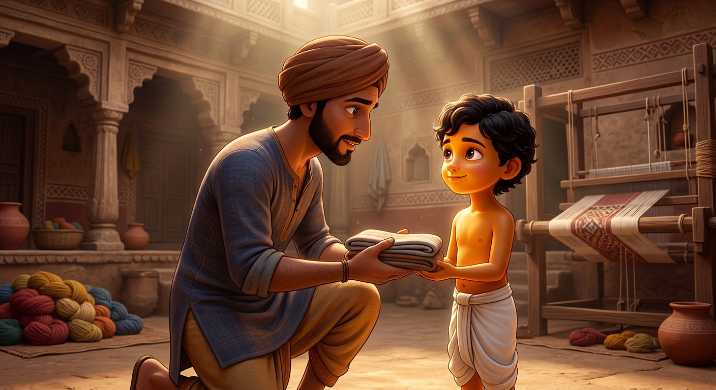Neeru kneeling to advise young Kabir