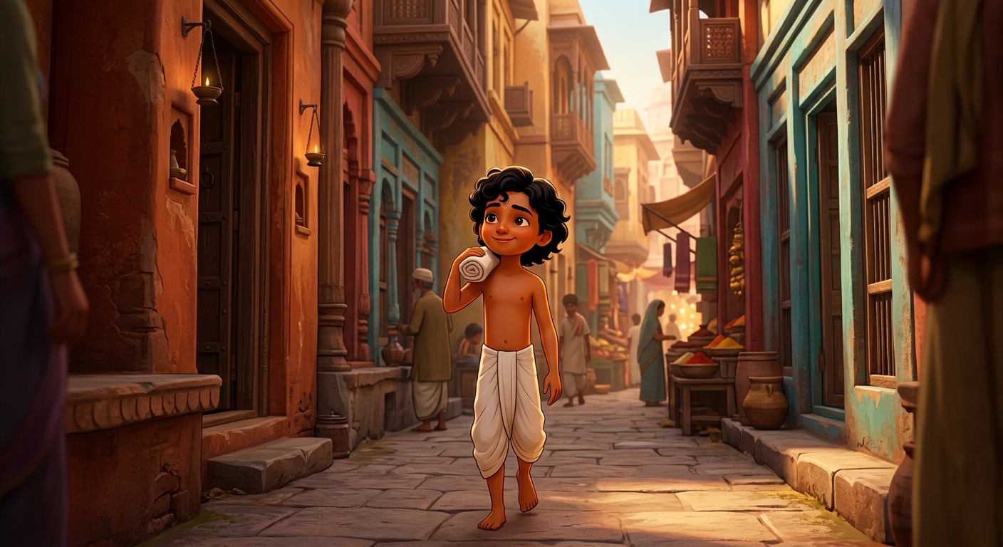 8yo Kabir walking through stone-paved alleys with the white cloth roll